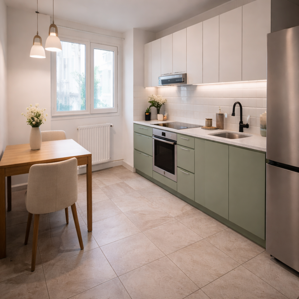 Mobilier alb handleless, blat quartz gri, faianta metro, plita inductie, hota incastrata