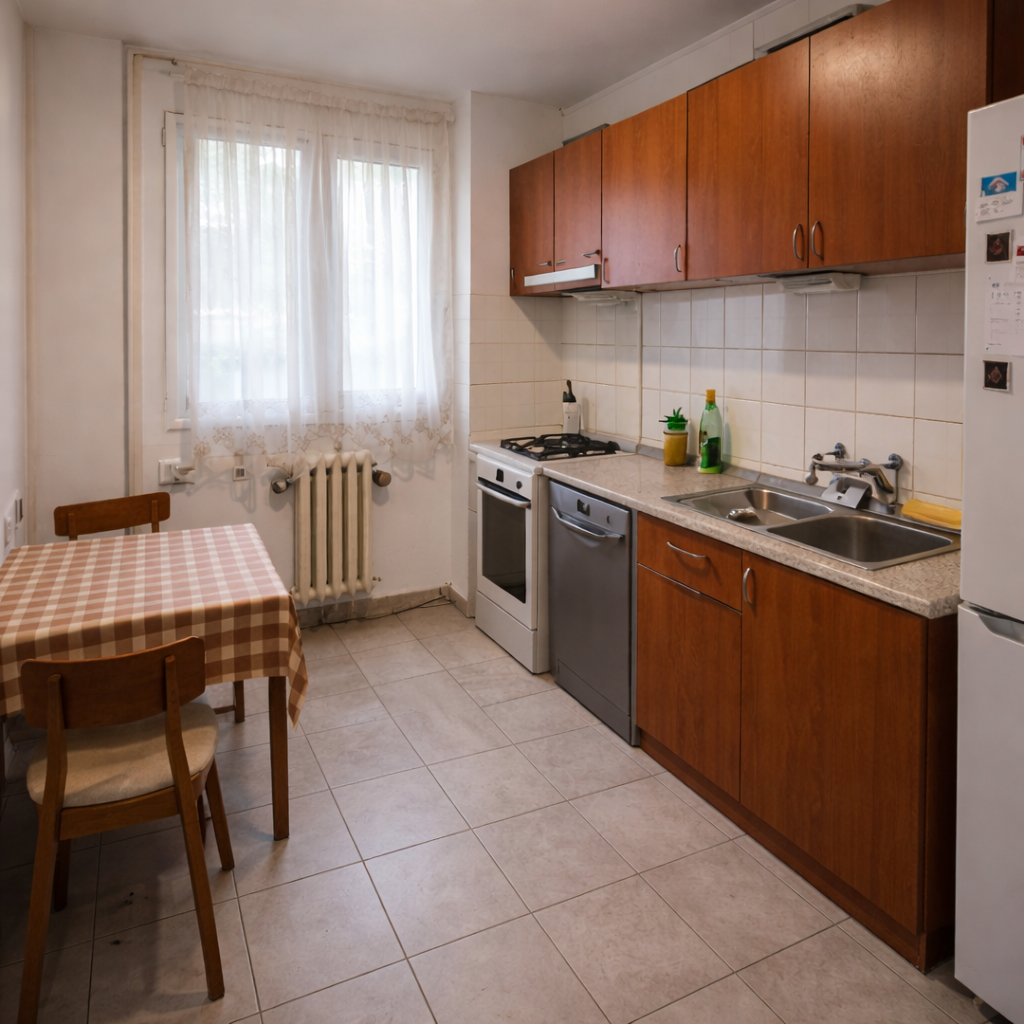 Bucatarie anii 90: mobilier maro, faianta patrata mica, aragaz vechi